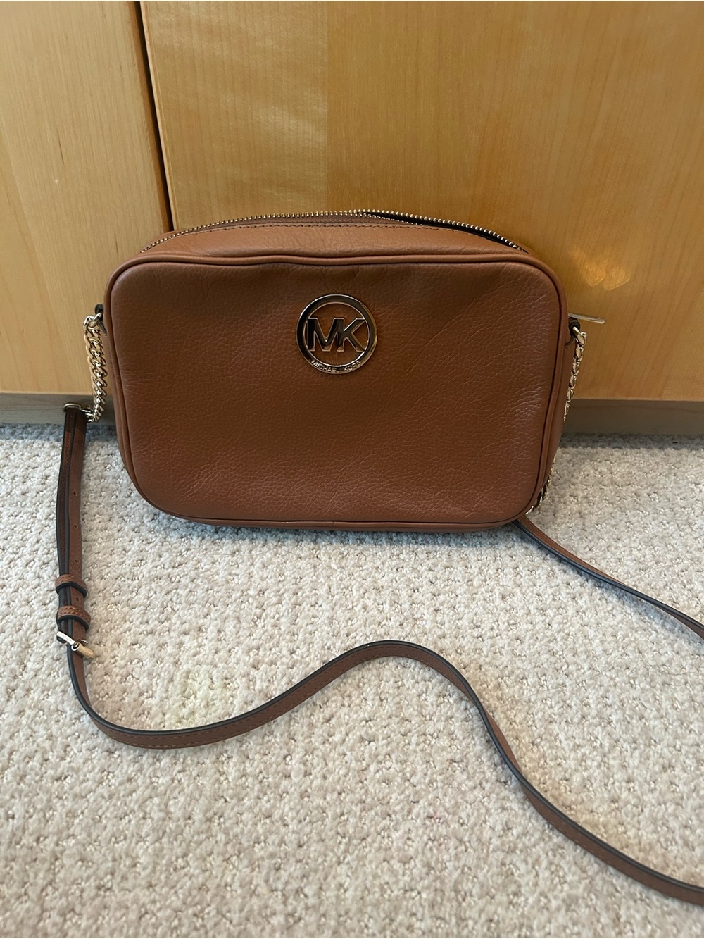 Michael Kors Brown Pebbled Leather Crossbody with Gold Tone MK Logo